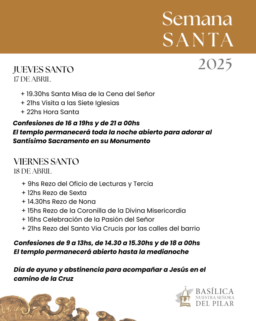 Horarios de la Semana Santa 2025 - Nuestra Señora del Pilar